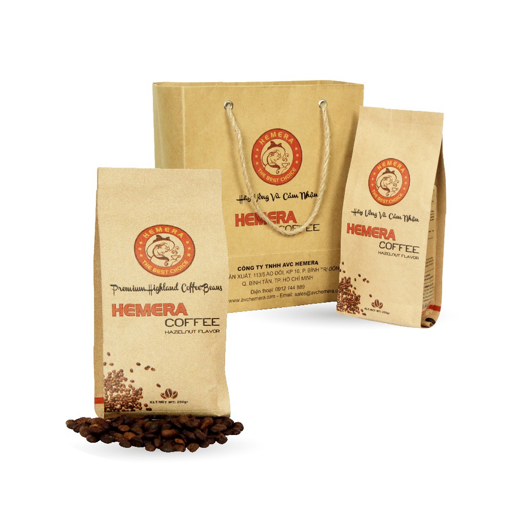 2 Gói Cà Phê Rang Xay Hương hạt dẻ Hemera Hazelnut (250gr/gói) Tặng 2 gói cafe hòa tan Hemera