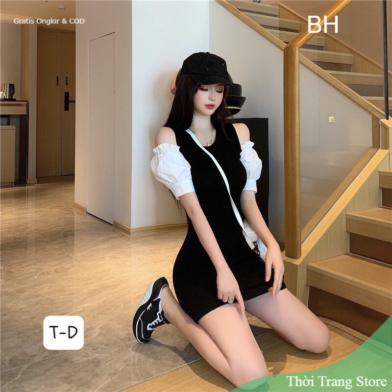 Đầm Bobdy Nữ Hở Vai Phối Màu 🦋 Váy Nữ Cộc Tay Dáng Ôm Chất Cotton 🦋 - - Thời Trang Store