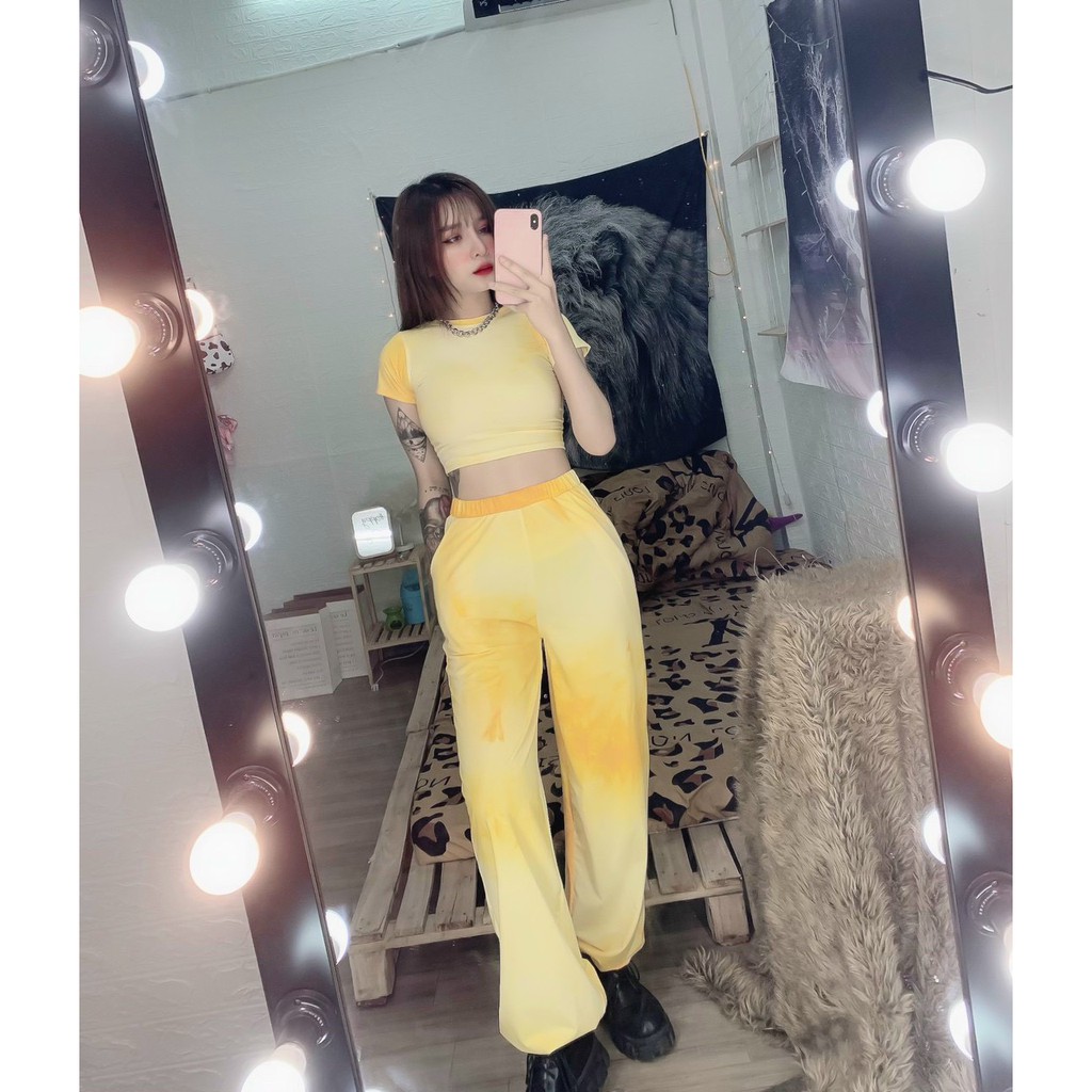 Sét bộ áo croptop phối quần dài bo ống phối màu loang trơn cực xinh , chất thun coton mềm mịn