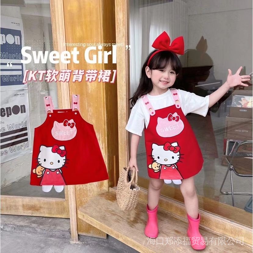 Đầm Hai Dây Màu Đỏ Họa Tiết Hello Kitty Phong Cách Xuân Hè Xinh Xắn Dành Cho Bé Gái 2023