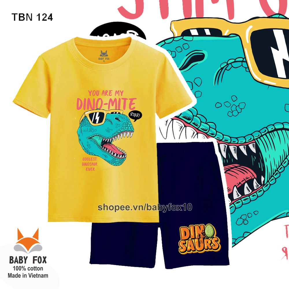 Bộ thun bé trai 100% cotton loại tốt, thương hiệu BABY FOX, hình khủng long T-rex, size nhỏ, trung, đại b