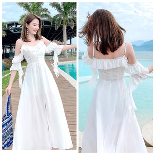 🔴 Đầm maxi voan trắng 2s phối bèo đi biển