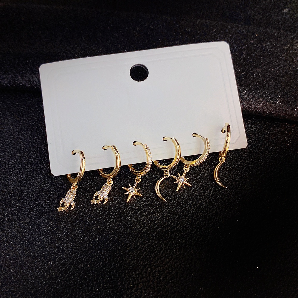 Set 6 Khuyên Tai Tròn Đính Đá Thời Trang Dành Cho Nữ