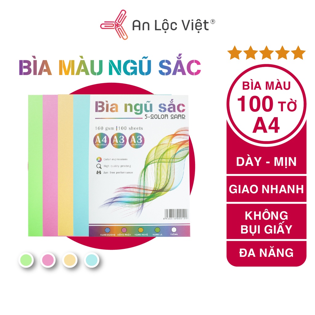 Giấy bìa màu A4 Ngũ Sắc 160 gsm (100 tờ)