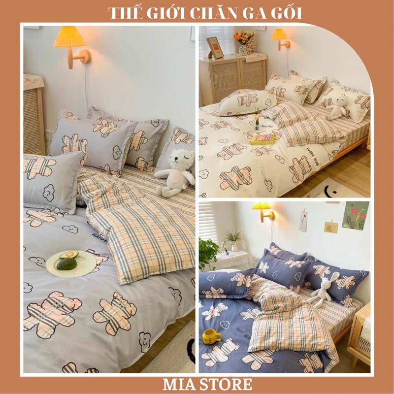 Bộ Chăn Ga Gối Cotton Poly 3D MIA STORE Hoạ Tiết Gâú Kẻ Xinh Đủ Kích Thước ( Hàng Nhập Khẩu)
