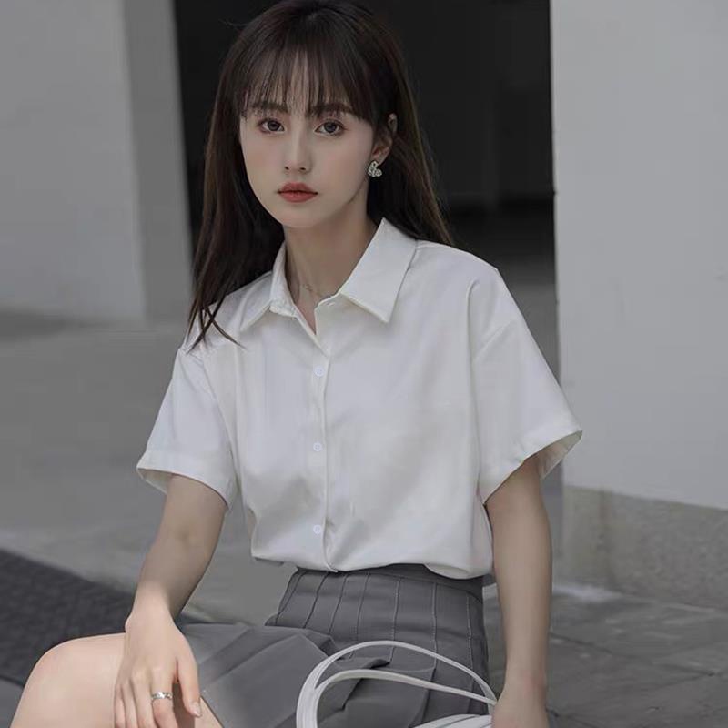 (S ~ M) Áo Sơ Mi Tay Ngắn Nữ Sinh, Áo Thun Cổ Rộng Hàn Quốc, Đồng Phục Học Sinh Màu Trắng, Giá Siêu Rẻ