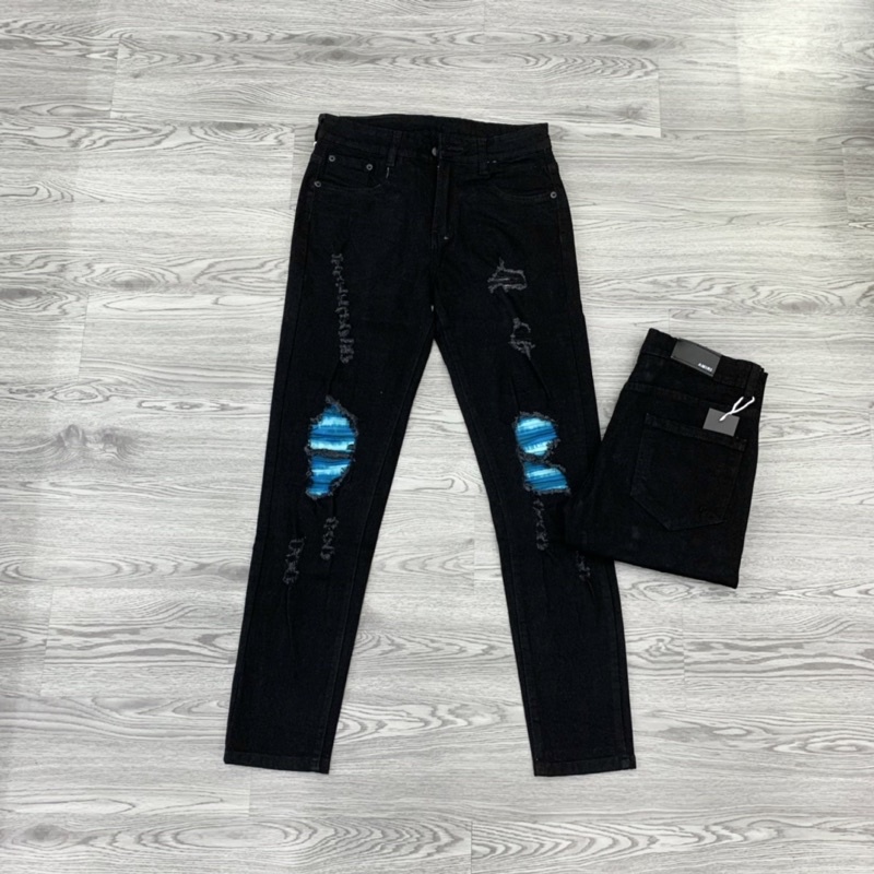 Quần jean bò nam đen phối rách xước gối lót vải nhăn xanh kẻ loang dáng slimfit vải dày dặn đẹp QJ45P