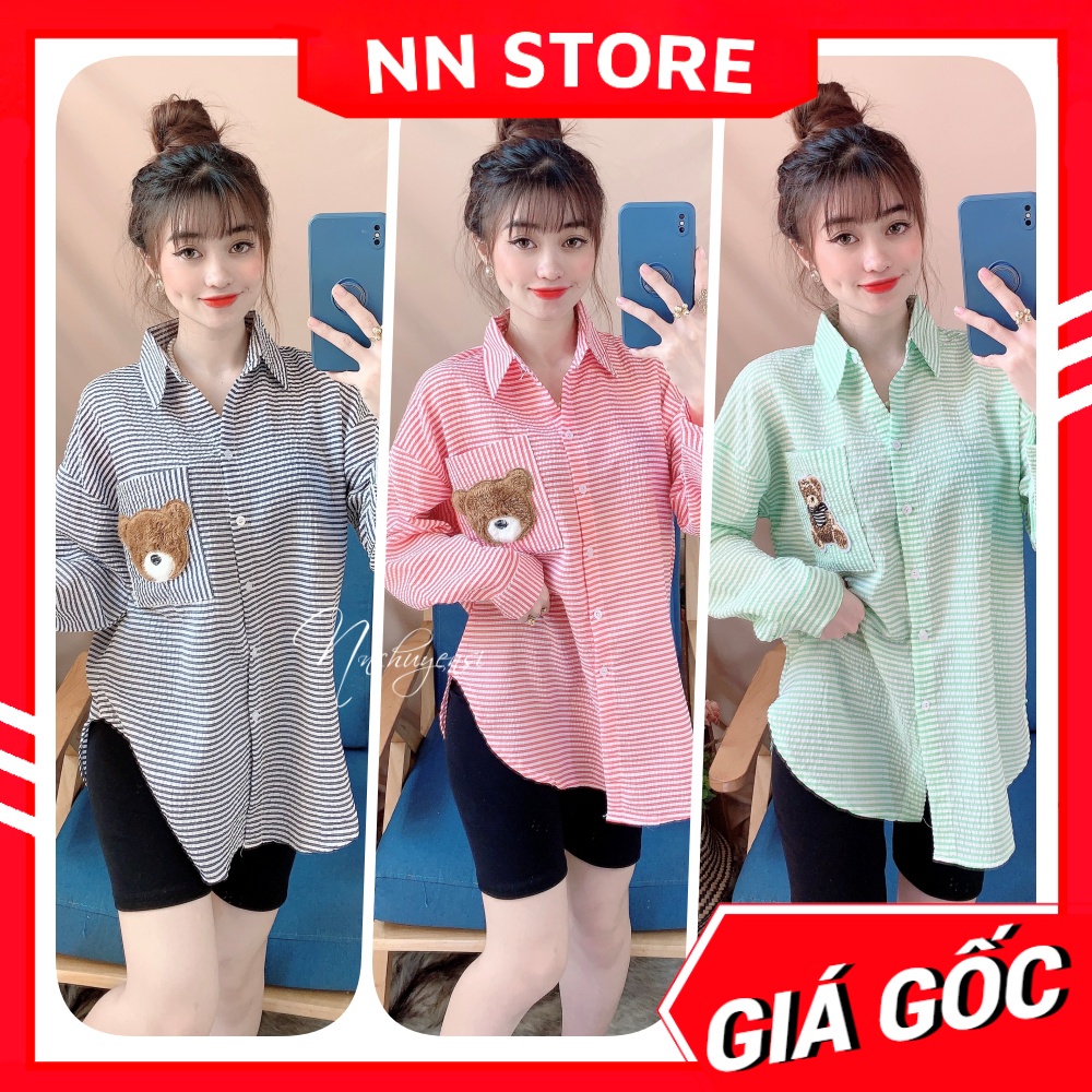 Áo sơ mi công sở nữ phom to chất vải MT mềm mịn phối sọc nhuyễn thêu gấu dễ thương Sơ mi tay dài nữ MT1971