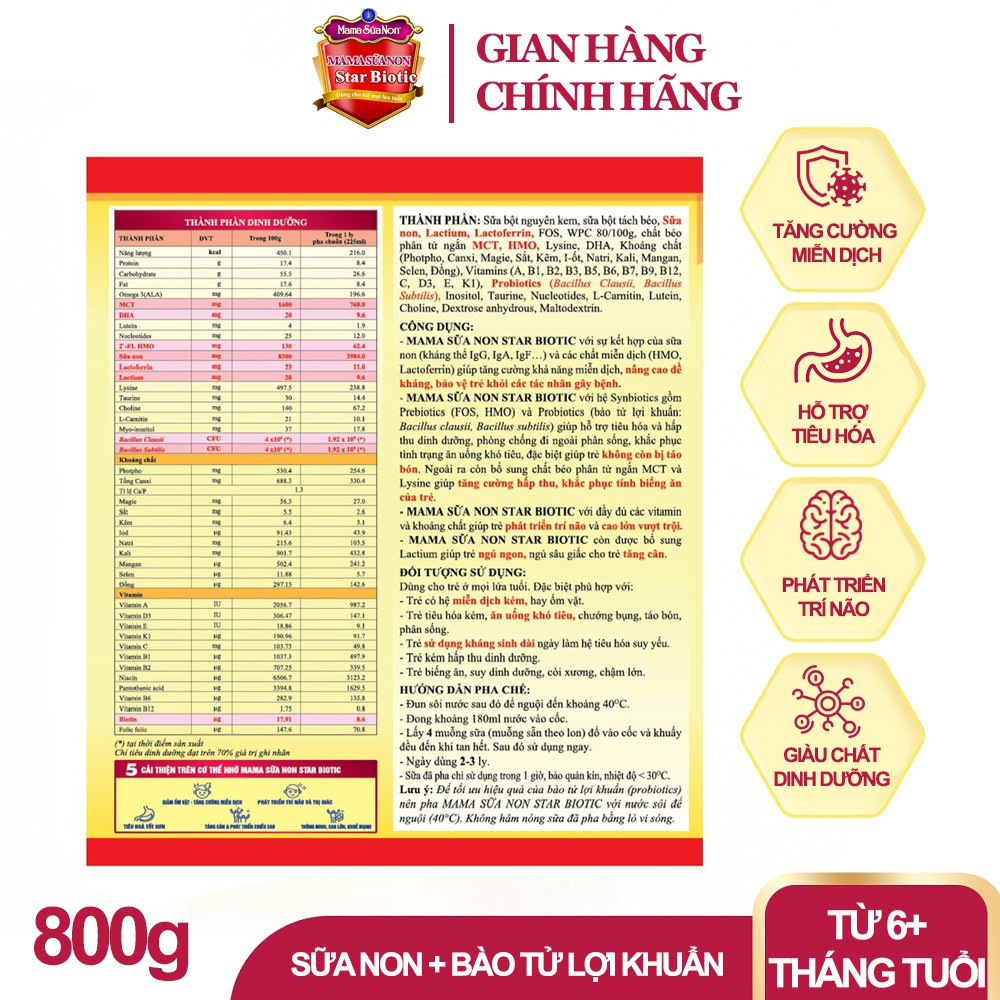 [Sữa non - Bào tử lợi khuẩn] MaMa Sữa Non Star Biotic - 800g/lon - [Tặng Yến Sào] - 100% Sữa non nhập khẩu từ Mỹ