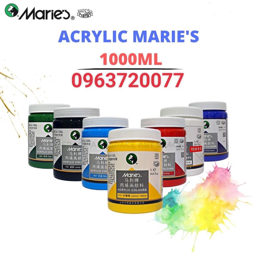 Màu Acrylic MARIES 1000ml Vẽ Tranh Ngoài Trời (Hộp to 1000ml có 12 màu cơ bản)