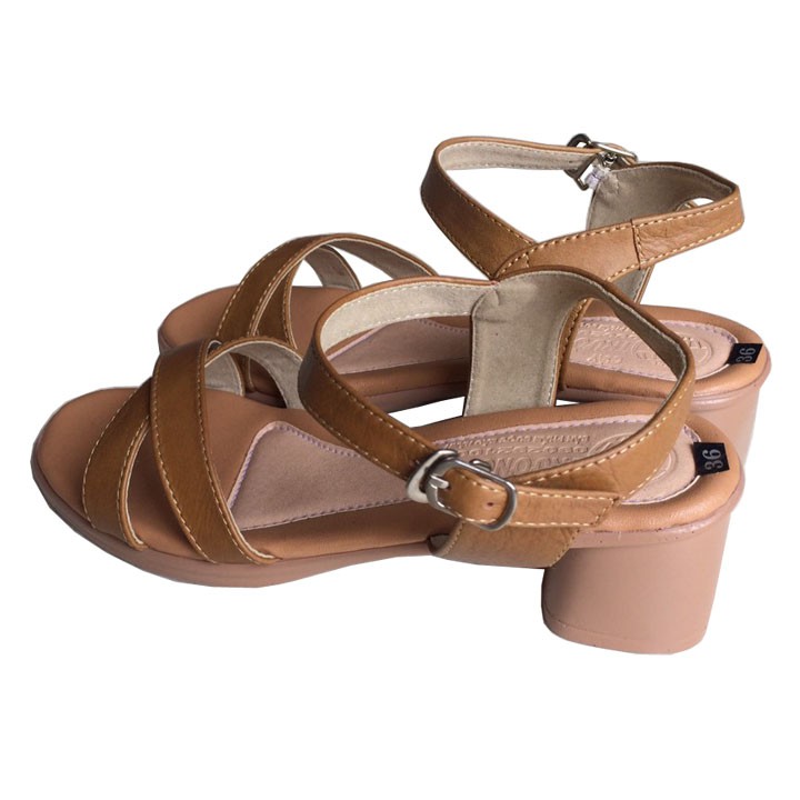 Sandal nữ da bò gót vuông 5cm Trường Hải màu vàng đế PU cao 5cm siêu nhẹ