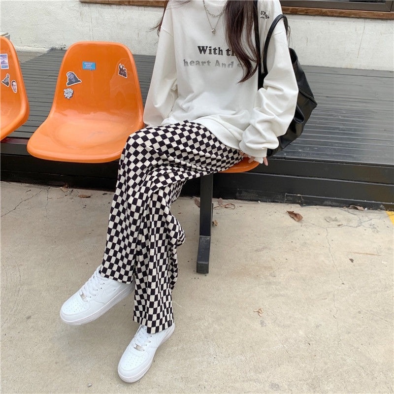 Quần ống rộng Họa Tiết Sọc Caro Thời Trang Thu Đông Cá Tính Cho Nữ
