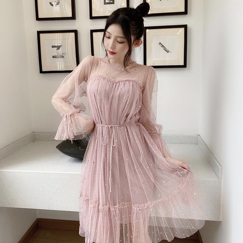Đầm Lưới Tay Phồng Đính Kim Sa Ngôi Sao Lấp Lánh Dùng Làm Quà Tặng Sinh Nhật