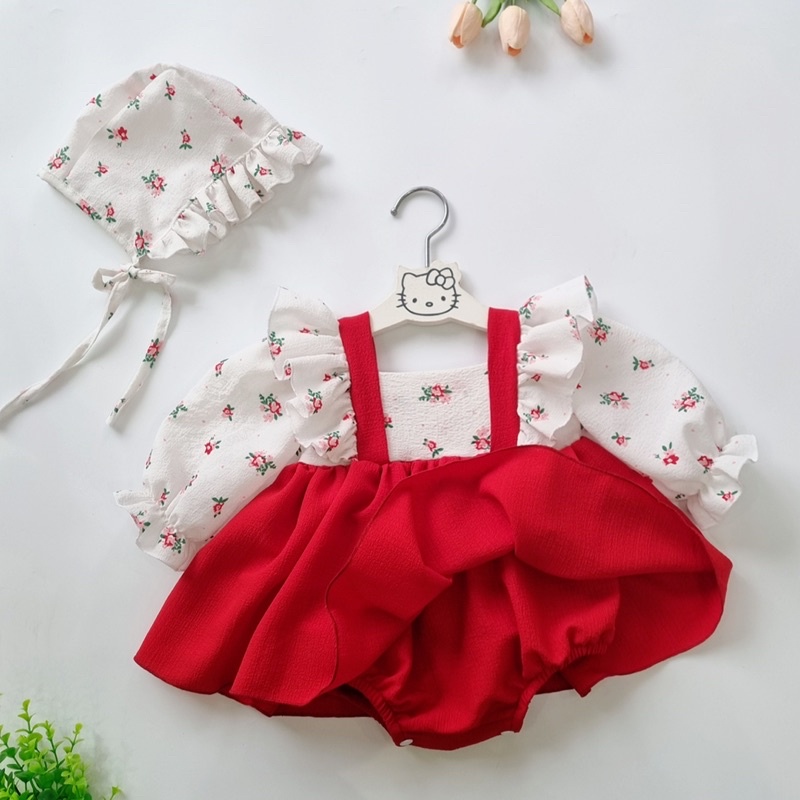 Body Váy Hoa Đỏ Cho Bé Gái 0-12 Tháng, Váy Thôi Nôi, Đầm Đầy Tháng, Bodysuit Sơ Sinh, Váy Công Chúa, Váy Xoè Cho Bé