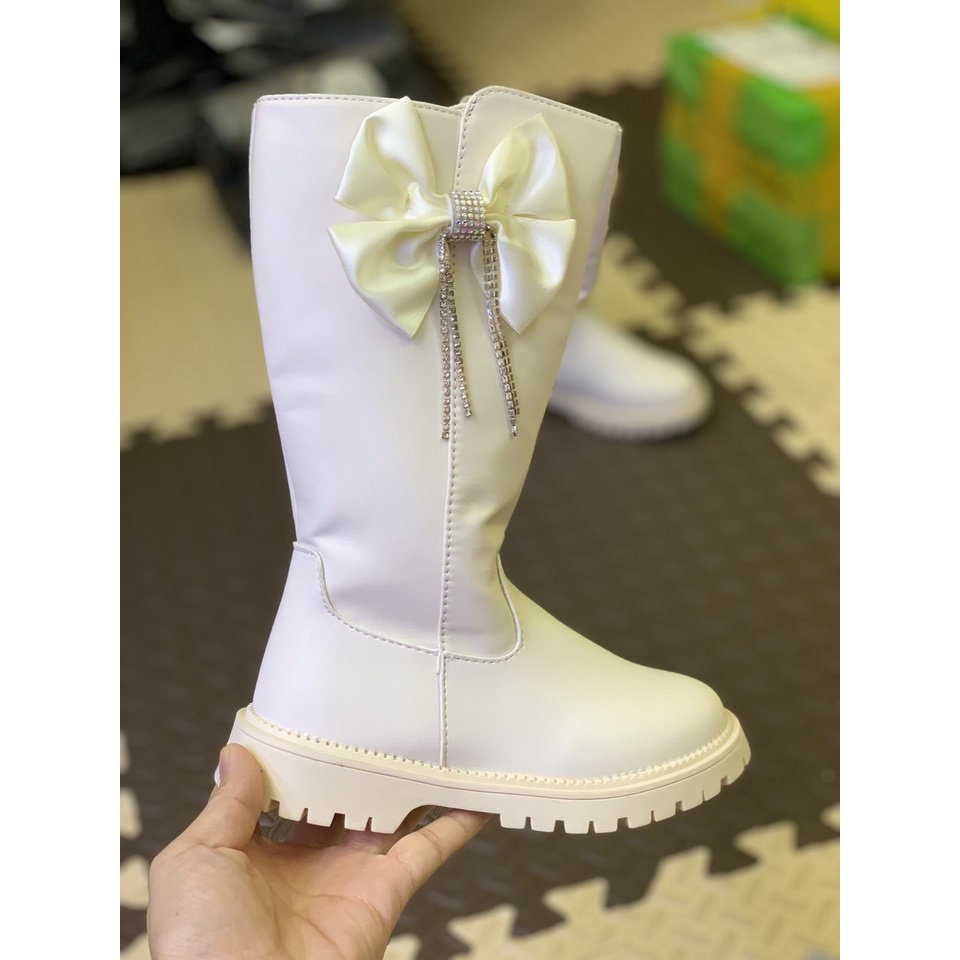 Boot bé gái - Giày bốt cổ cao cho bé 3 đến 12 tuổi thời trang da cao cấp dáng dài 2 màu trắng đen cá tính GC55