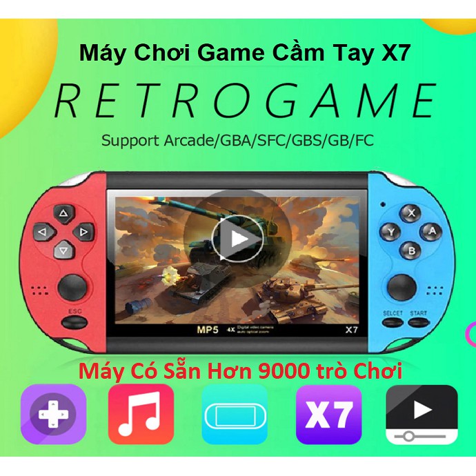 Máy Chơi Game, Cài Sẵn 9000 Trò Chơi GBA, SNES, GBC, PS1, PSP, Nitendo, X7 Mini - Chơi Game, Xem Phim - Tiếng Việt