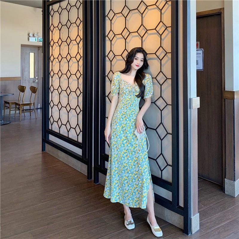 Đầm Dài Ôm Eo Họa Tiết Hoa Phong Cách Pháp Ngọt Ngào