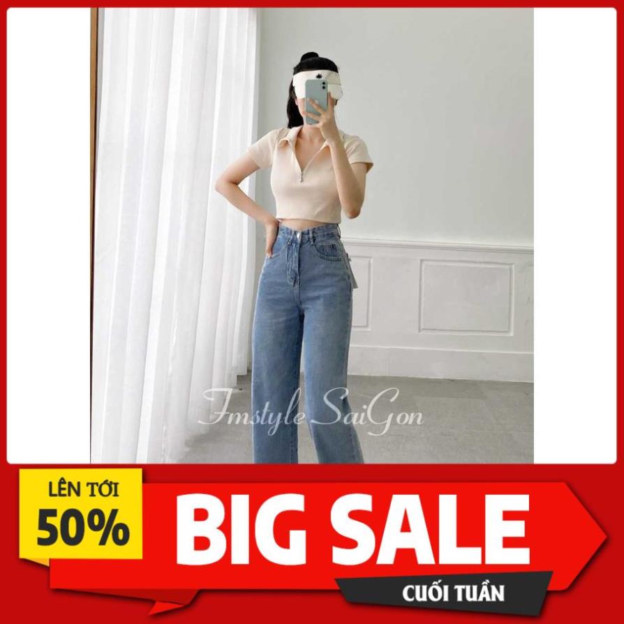 Quần jean nữ ống rộng trơn lai cắt cạp cao suông ulzzang hàn quốc FMstyle Saigon 21QJR04JH2601