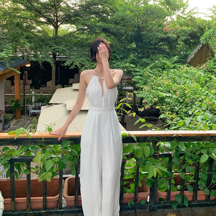 Jumpsuit trắng dáng dài cổ yếm hở lưng - MS146 (Có ảnh thật)