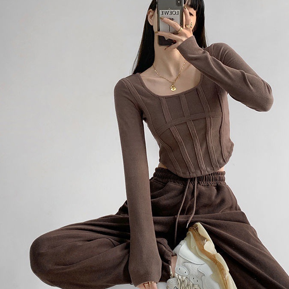 Áo Thun Tay Dài Cổ Vuông Dáng Ôm Thời Trang Quyến Rũ Cho Nữ