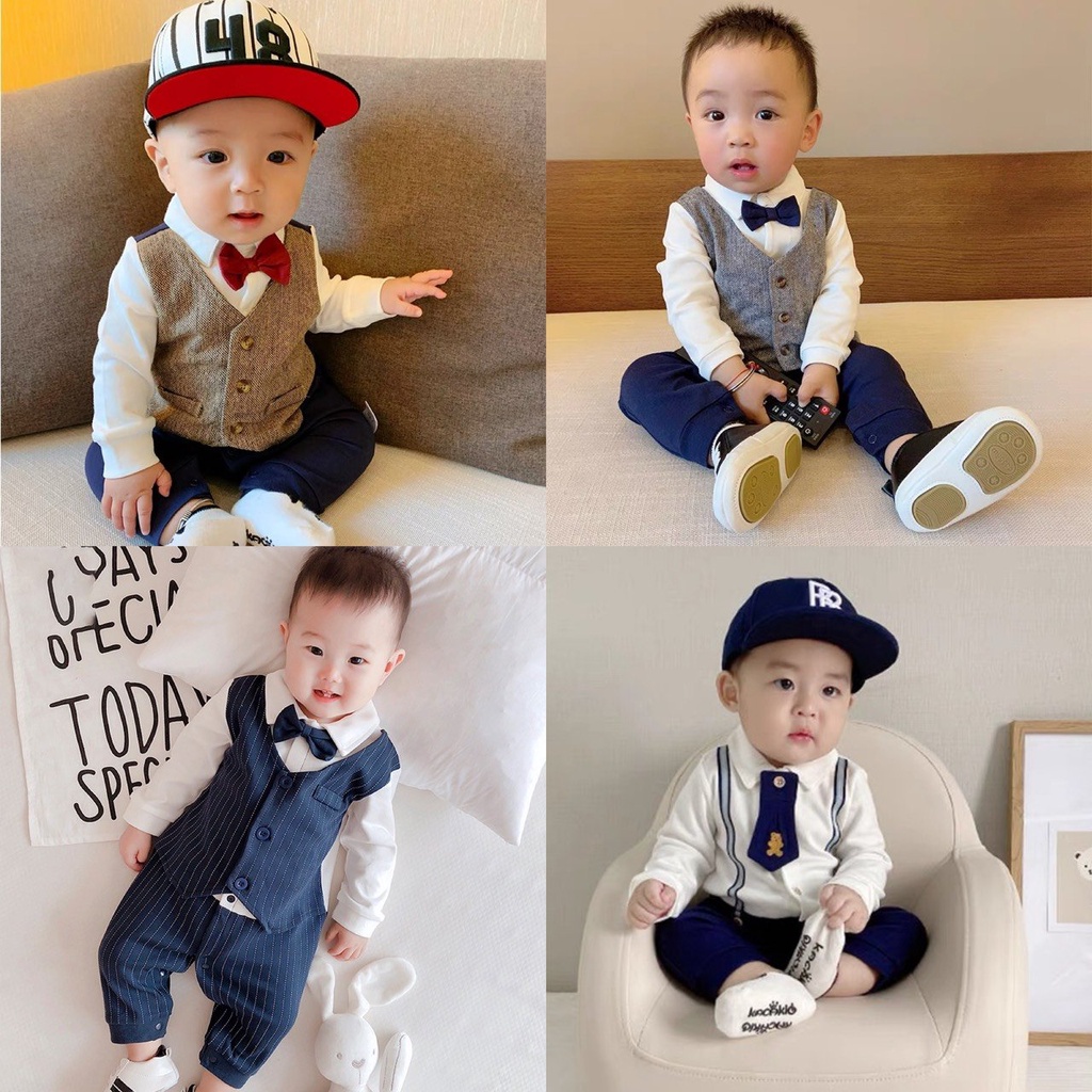 (Hàng QCCC-Video) Bodysuit body công tử giả vest dài tay cho bé trai mặc đầy tháng, sinh nhật, thôi nôi chất cực đẹp