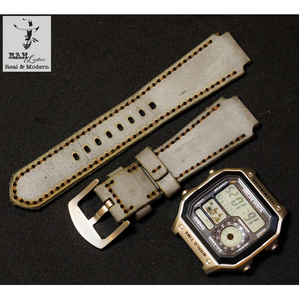 DÂY CASIO AE1200 / SEIKO5 / ORIENT SK DA BÒ XÁM QUÂN ĐỘI ĐỨC HANDMADE  RAM 1939 (TẶNG ĐẦY ĐỦ KHÓA + CHỐT + CÂY THAY DÂY