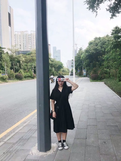 Bigsize L-4XL Đầm cổ V dáng dài xoè đáp tầng babydoll