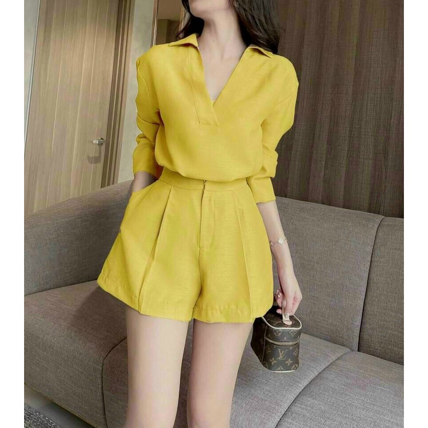 Set bộ nữ công sở, set bộ đũi cổ V trơn màu tay dài quần short đùi, bô đi chơi, đi làm thanh lịch. trẻ trung