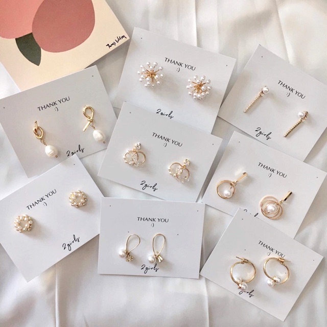 Bông tai khuyên tai 2 chấu ngọc sang chảnh có ảnh thật