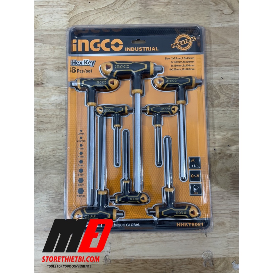 Bộ 8 chìa lục giác tay cầm chữ T đầu bằng2-10mm INGCO HHKT8081