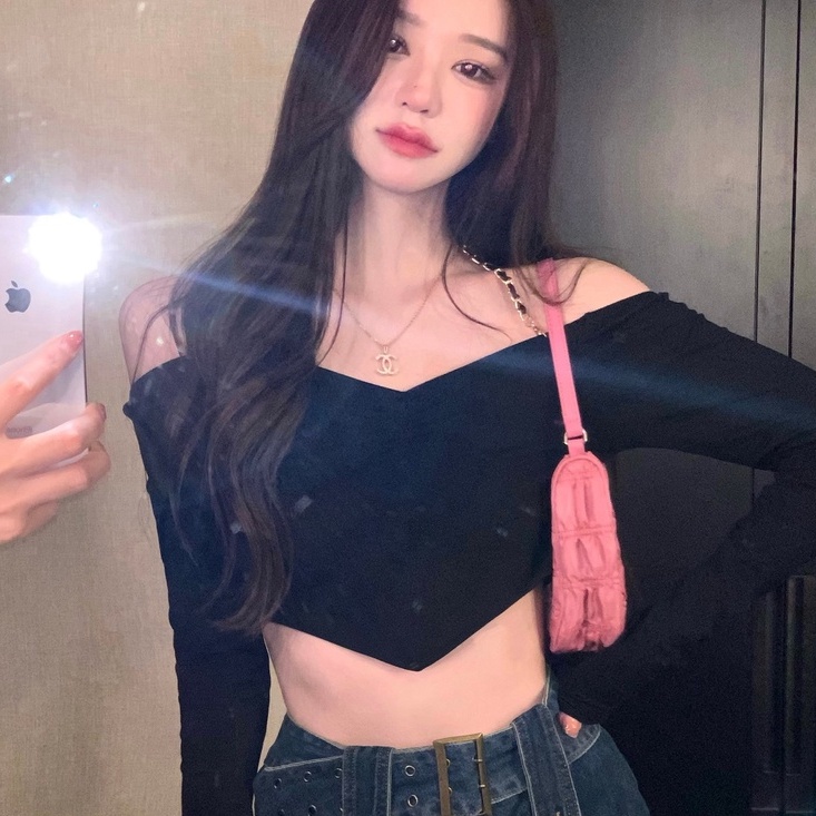 Áo thun crop top dệt kim ZHELIHANGFEI hở lưng phối dây xích trẻ trung quyến rũ thời trang cho nữ