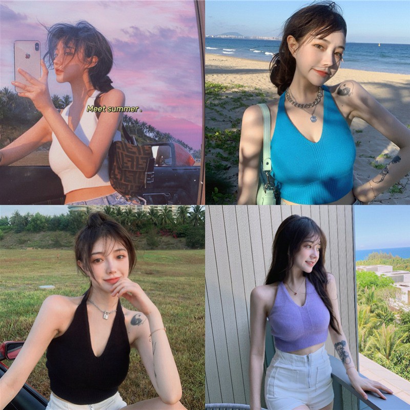  【Cocory】 Áo croptop dệt kim hai dây cổ chữ V thời trang gợi cảm cho nữ | BigBuy360 - bigbuy360.vn