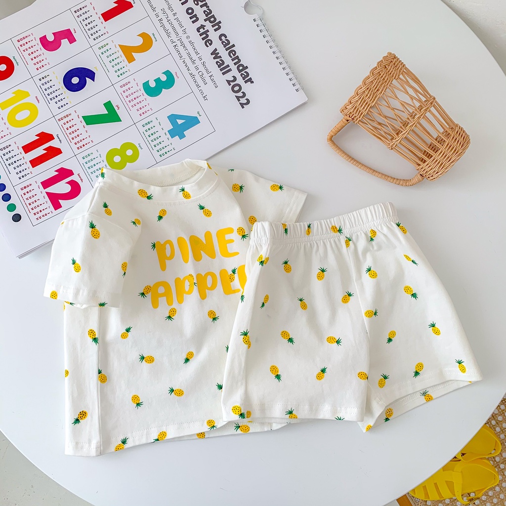 Bộ Áo Thun Cộc Tay In Hình Trái Cây + Quần Short Cotton Cho Bé