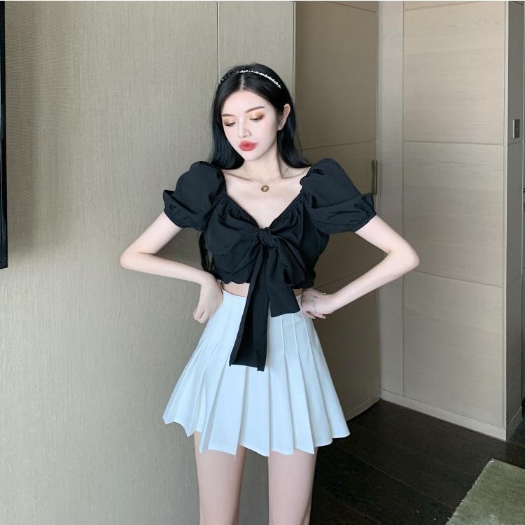 Áo Kiểu Tay Ngắn Cổ Vuông Thắt Nơ Ôm Eo Phong Cách Hàn Quốc Thời Trang Quyến Rũ Cho Nữ