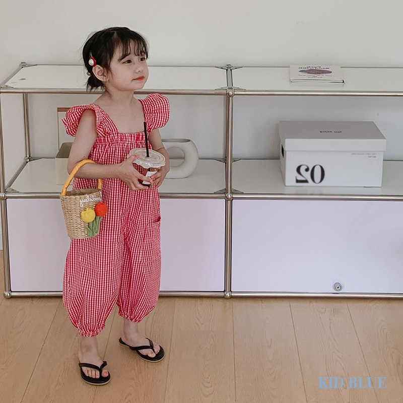 Bộ Áo Liền Quần Tay Cánh Tiên In Họa Tiết Ca Rô Phong Cách Hàn Quốc Dành Cho Bé Gái