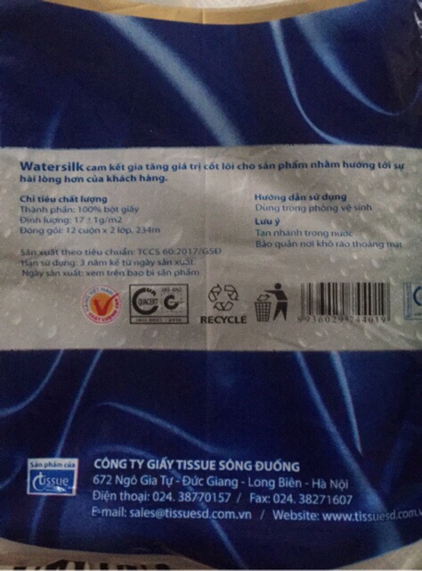 Giấy vệ sinh Watersilk có lõi 12 cuộn có lõi
