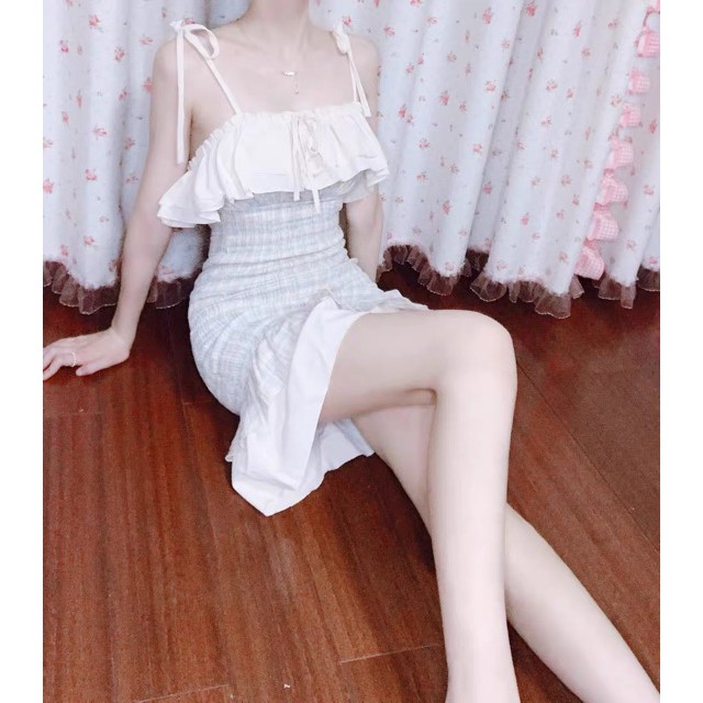 JANE'S sẵn Đầm cổ tích ôm body phối bèo nhún sóng kẻ ô màu sắc tinh tế quyễn rũ có chút VINTAGE J0376 4 ẢNH THẬT CUỐI