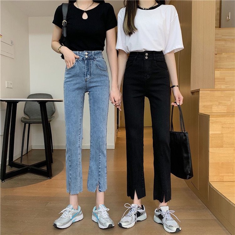 Quần jean IELGY cắt gấu xẻ tà cạp cao nút cài đôi size lớn cho nữ