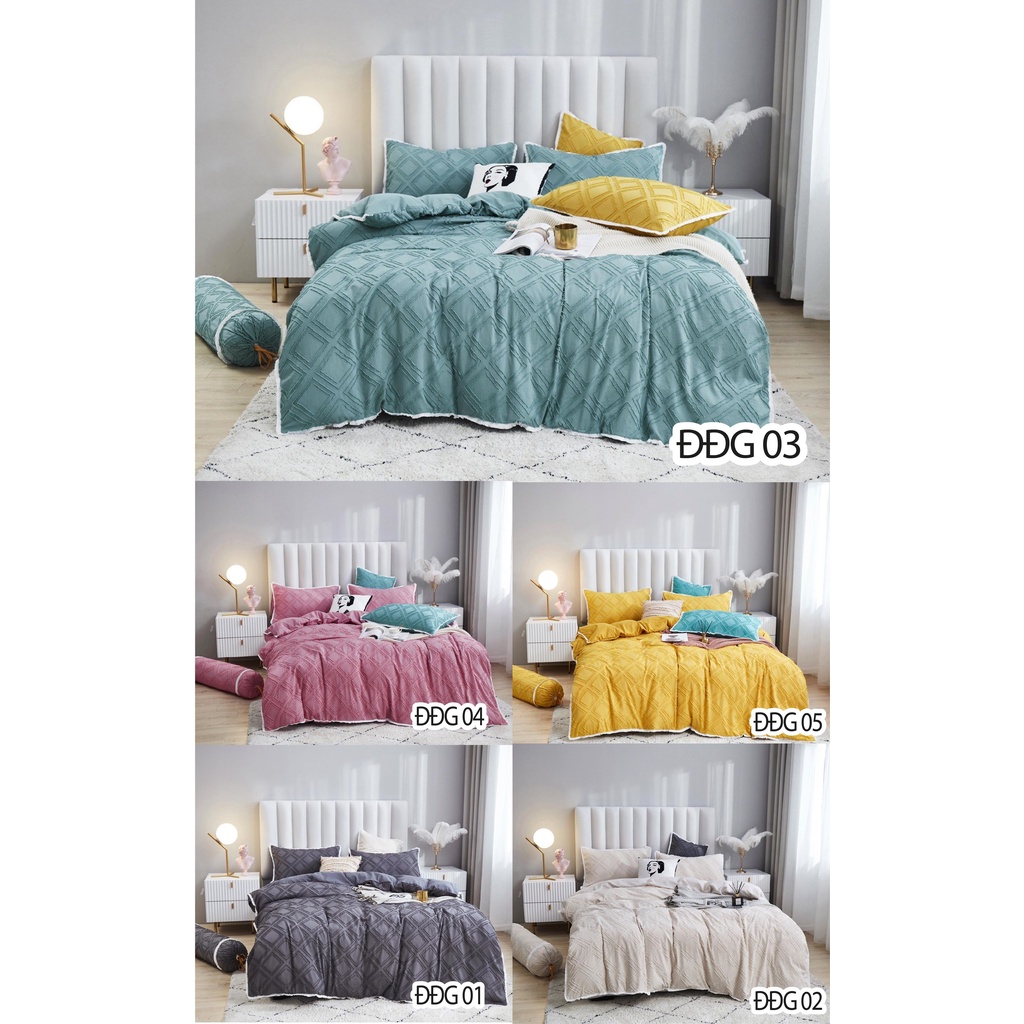 Trọn Bộ 5 Món Ga Gối Cotton Đũi Hàn Quốc - Họa Tiết Đa Giác - Chất Liệu Cotton Đũi Thoáng mát - Set vỏ chăn