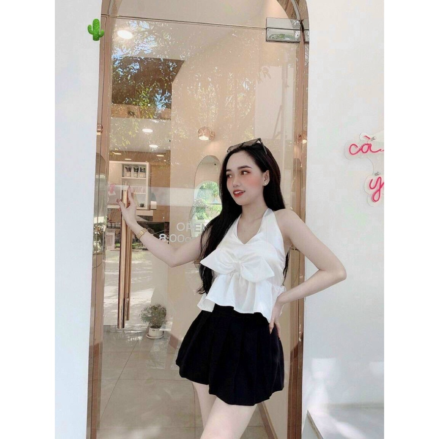 [ HÌNH THẬT SÀN ]ÁO LƯỚI NHÚN CỘT NƠ VAI  U1512