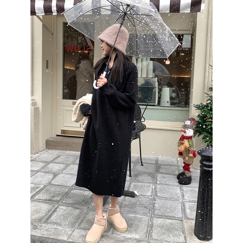 Váy Len Nữ Màu Nâu Be Đen Chất Len Mịn Cổ Kéo Khoá Form Suông Dài Basic Dài Tay Style Hàn Quốc Nhẹ Nhàng