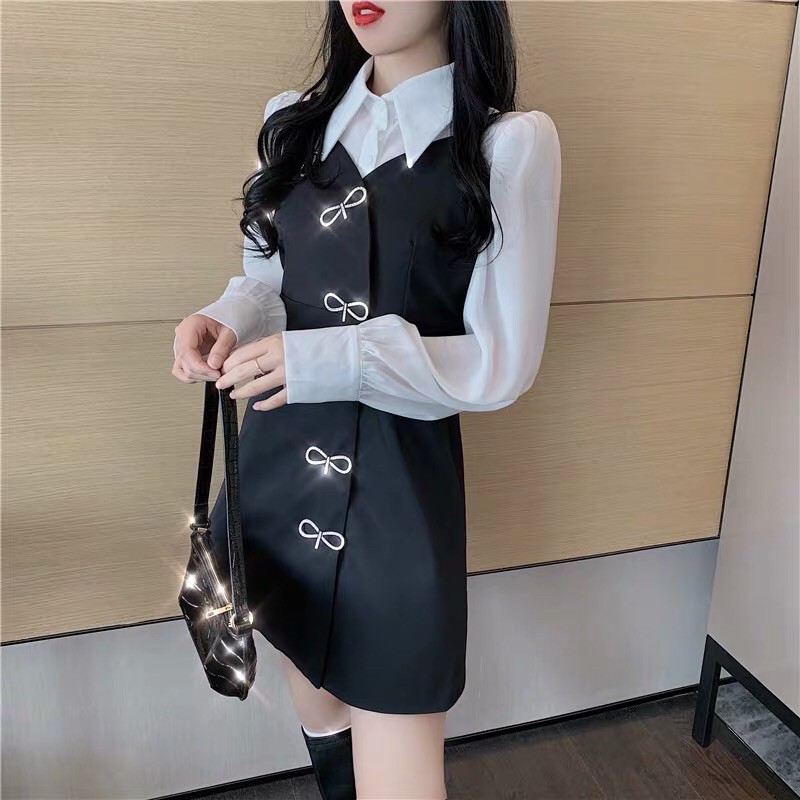 VÁY HAI DÂY ĐEN ĐÍNH NƠ PHỐI ÁO SƠ MI