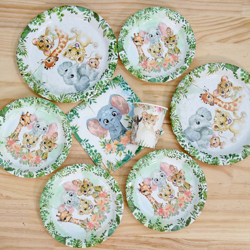 Bộ 25 Dụng Cụ Ăn Và Đĩa Giấy In Họa Tiết Động Vật Rừng Xanh Cho Em Bé