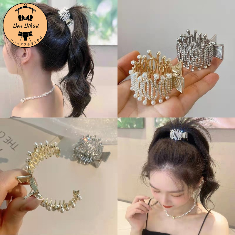 Kẹp Tóc Kim Loại Đính Đá Ngọc Trai Giả Độ Cố Định Cao Kiểu Đuôi Ngựa Tiện Dụng