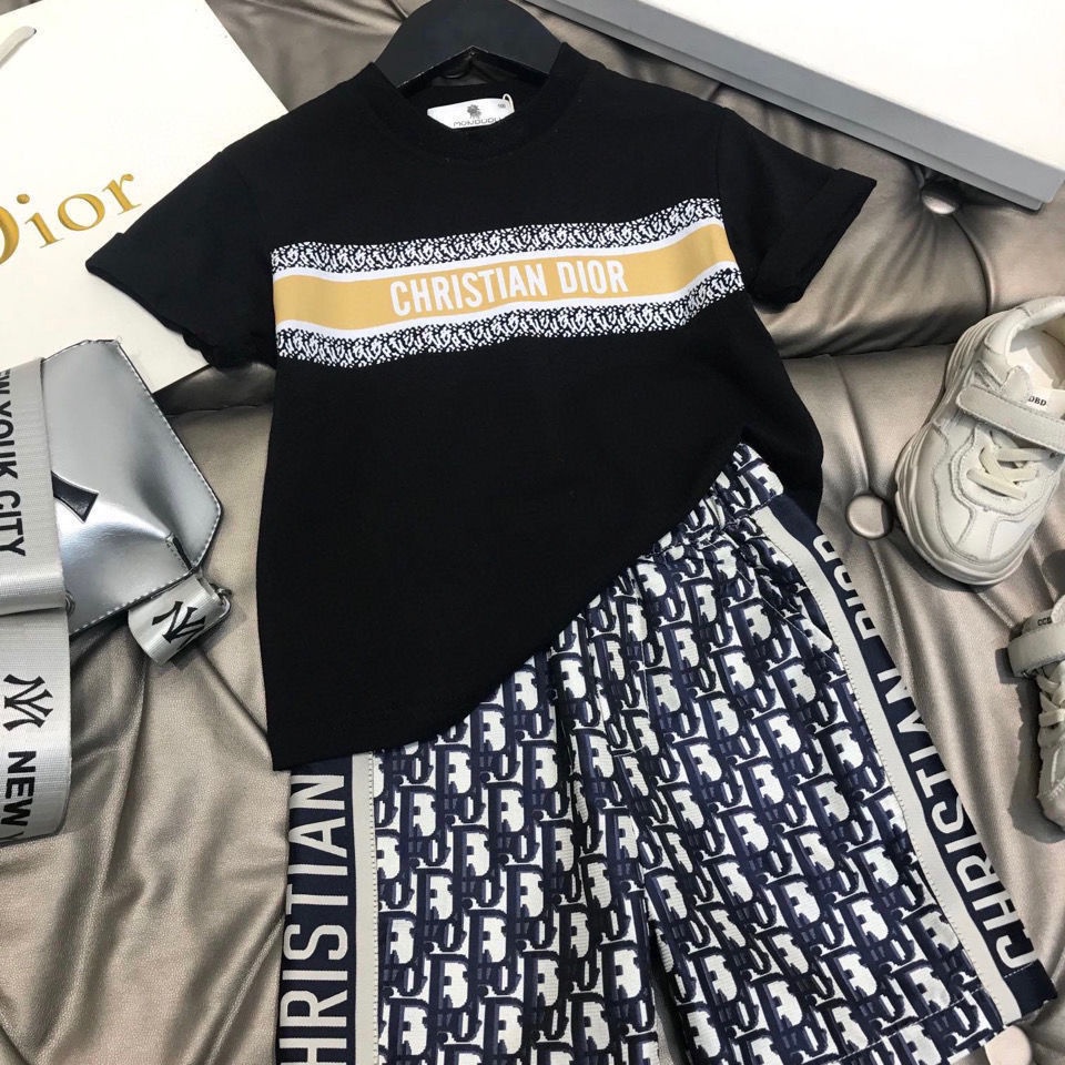 Dior Bộ Áo Thun Cotton Ngắn Tay In Chữ + Quần Short Thời Trang Cho Bé