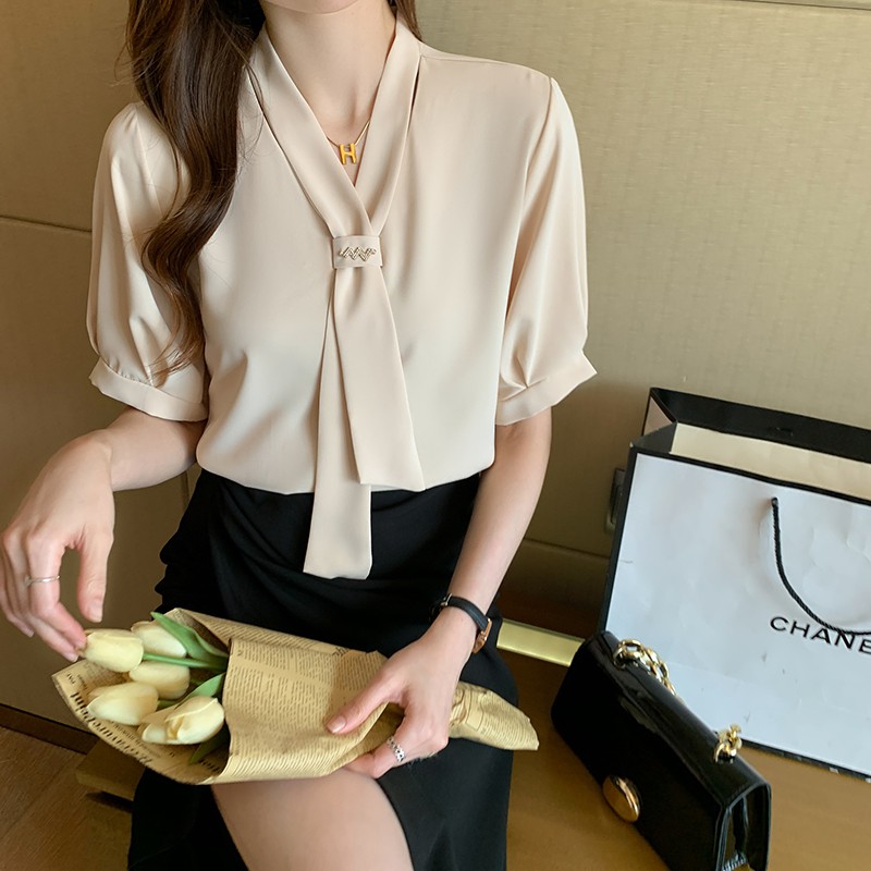 Áo sơ mi vải voan tay ngắn màu trơn thời trang mùa hè phong cách Hàn Quốc dành cho nữ