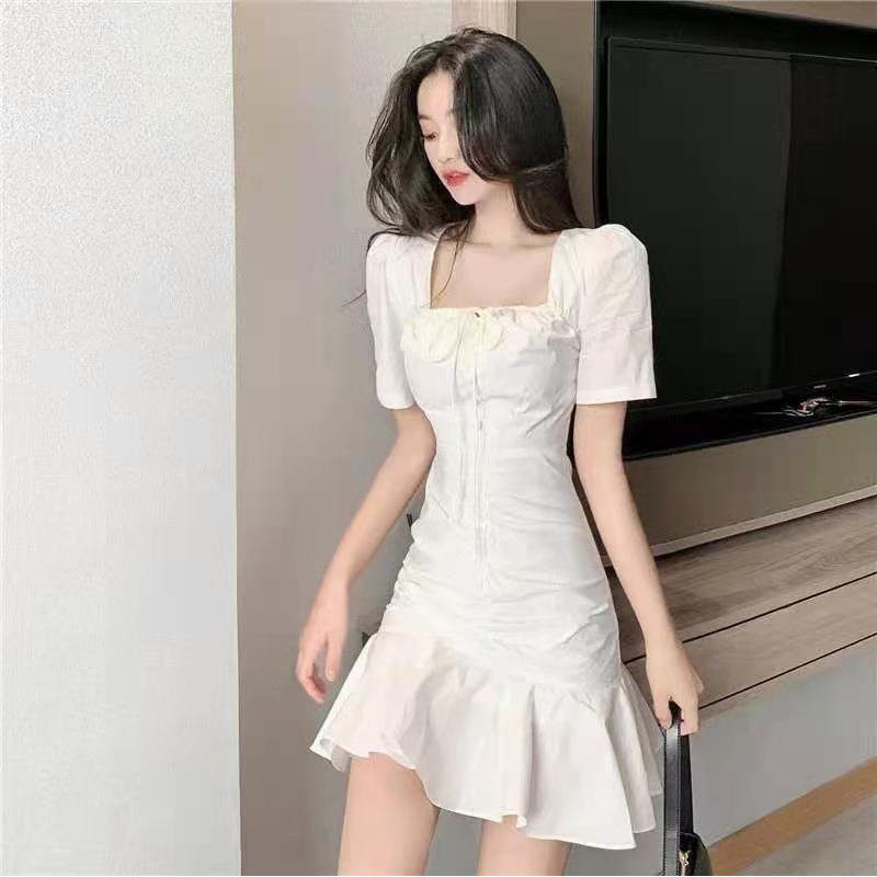 Váy Trắng, Váy Nữ, Đầm Nữ Cổ Vuông Thắt Nơ, Thiết Kế Đuôi Cá Phong Cách Hàn Quốc SIXTEEN. | BigBuy360 - bigbuy360.vn