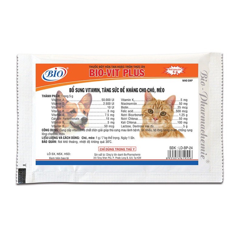 BỘT BỔ SUNG VITAMIN BIO-VIT PLUS TĂNG ĐỀ KHÁNG CHO CHÓ MÈO 5G