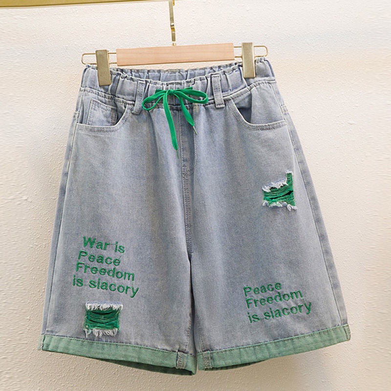 Quần Short Denim Ống Rộng Lưng Cao Co Giãn Thêu Chữ Phối Rách Thời Trang Cho Nữ Mã 2022