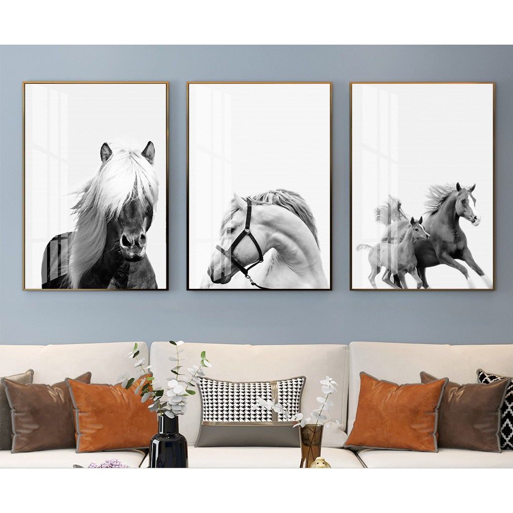 Bộ 3 Bức Tranh Treo Tường Canvas Ngựa Trắng Đen Phong Thuỷ Hiện Đại Tối Giản Trang Trí Căn Hộ Khách Sạn - MELYHOME DECOR